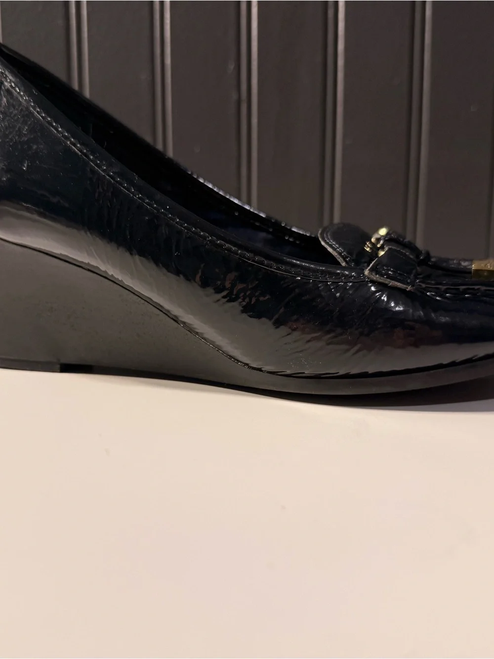 Lauren Ralph Lauren  navy  Patent Leather wedge Loafers with Gold Hardware